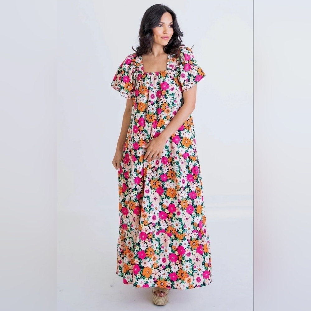 Karlie Floral Multi Poplin Square Neck Maxi Dress​​​​​